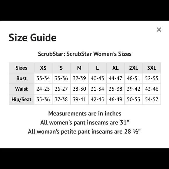 Scrubstar Size Chart